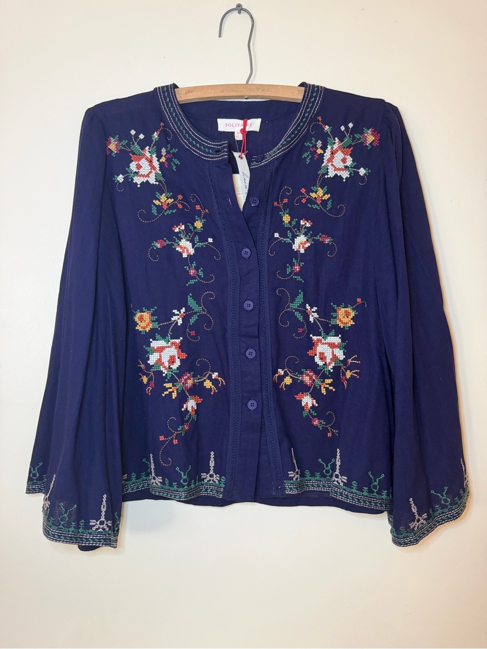 Solitaire Navy Linen Blend Embroidered Button-Front Top